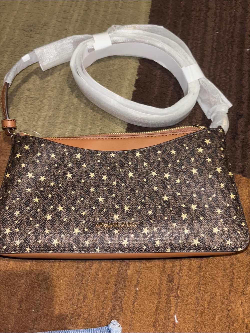 Michael Kors Brown Star-Print Crossbody Pouch with Tan Trim